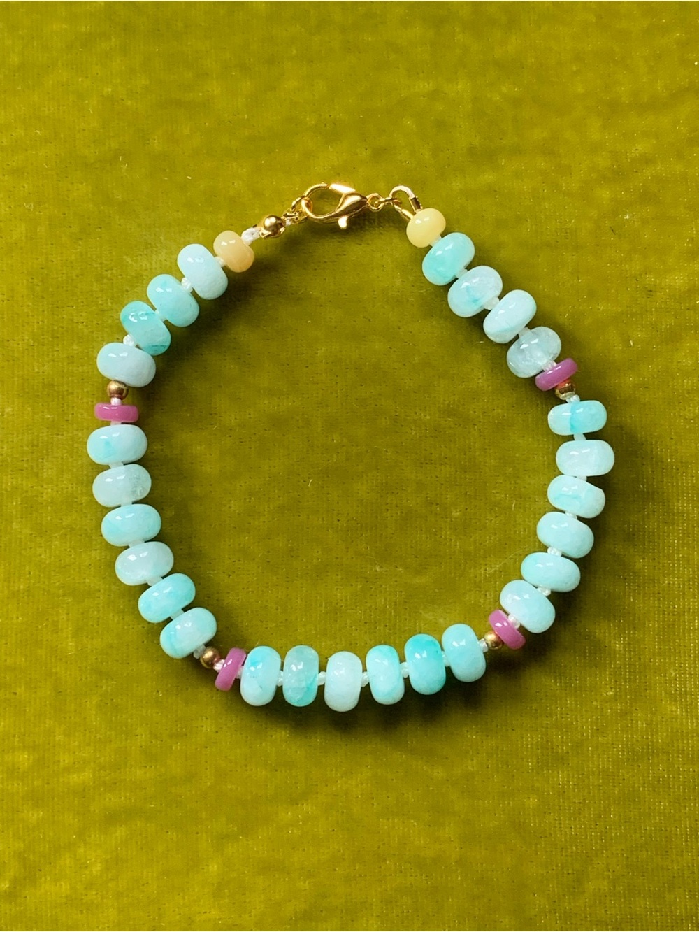 Delicate Turquoise Bead Bracelet with Honey Opal and Pink Accents 7.5”